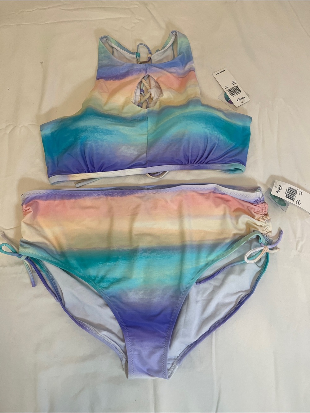 Raisins Pastel Rainbow Ombre High-Neck Tankini - Purple, Teal & Peach